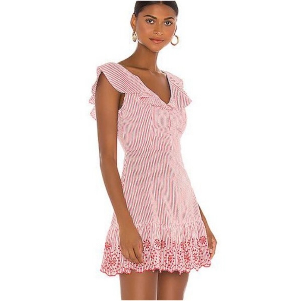 BCBGeneration Women’s Red Stripe Seersucker Flounce Sleeveless Mini Dress Size 4